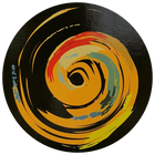 A circular image of a colourful, stylized swirl